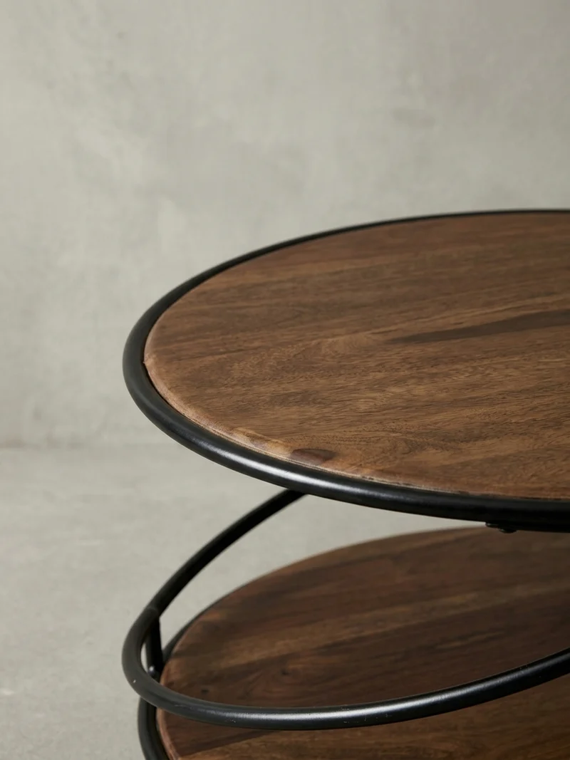 Couchtisch Schwarz/Braun, Sheesham Massivholz und Edelstahl, mit 2 Ablageflächen