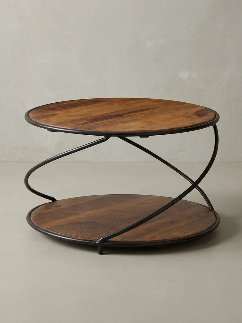 Couchtisch Schwarz/Braun, Sheesham Massivholz und Edelstahl, mit 2 Ablageflächen