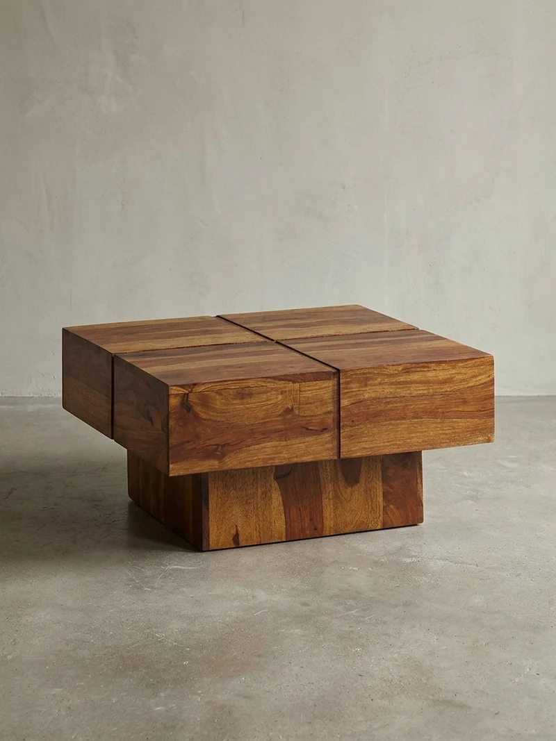 Couchtisch Quadrat in Sheesham Massivholz, Modernes Rillenmuster, Maße 57,5x57,5x30 cm