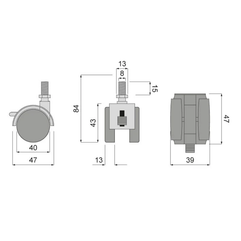 Möbel-Kunststoff-Drehrad mit Gewinde 8mm mit Bremse - Ø40mm