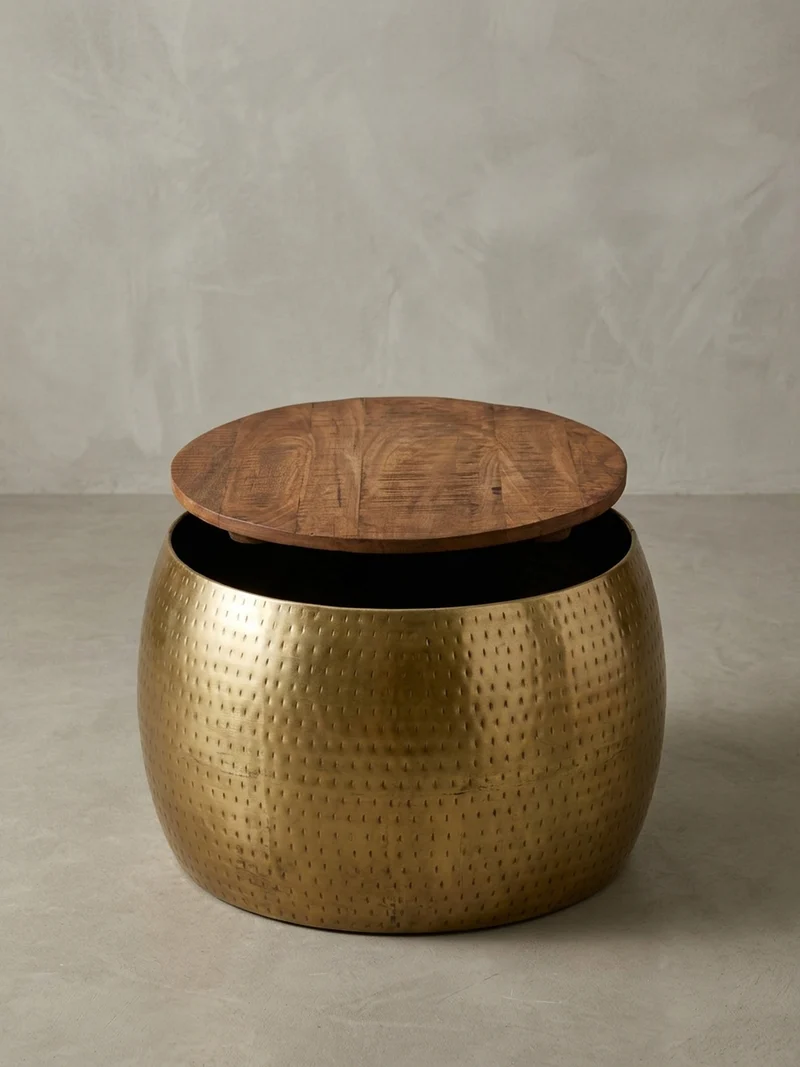 Couchtisch Massivholz Braun Gold, Modernes Design, Stauraum, Modell Aurora