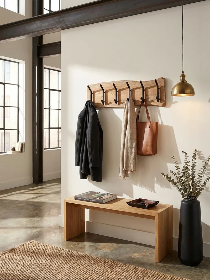 Wandgarderobe Akazie Massivholz Metall Modern 100x29x12,5 cm mit Baumkante
