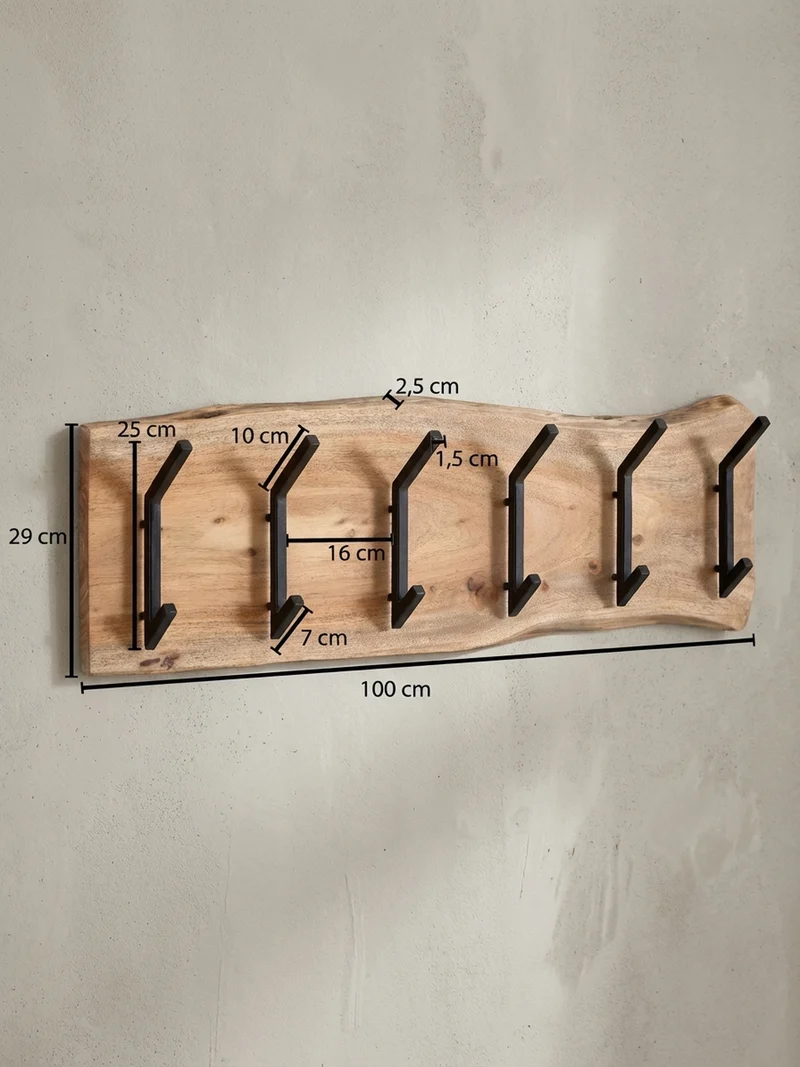 Wandgarderobe Akazie Massivholz Metall Modern 100x29x12,5 cm mit Baumkante