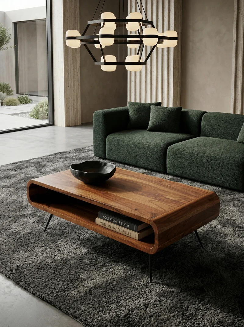 Wohnzimmertisch Massivholz Sheesham, Modernes Design mit Staufach