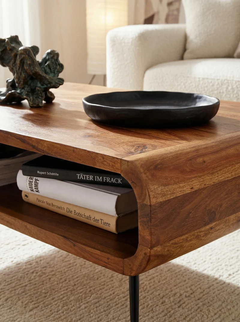 Wohnzimmertisch Massivholz Sheesham, Modernes Design mit Staufach