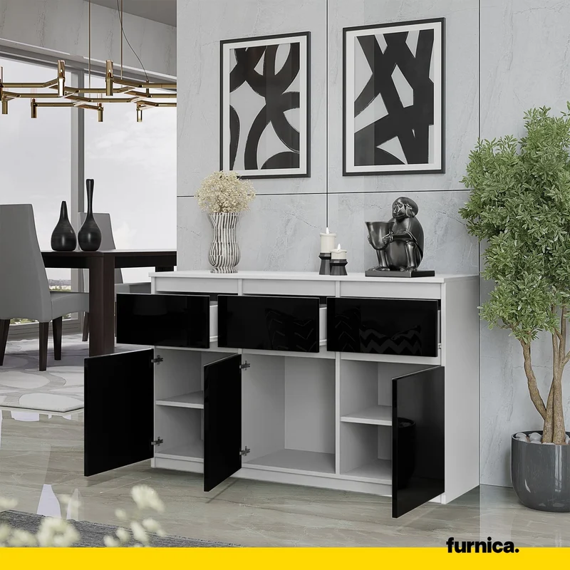 NOAH - Kommode / Sideboard mit 3 Schubladen und 3 Türen - Weiß Matt / Schwarz Gloss H75cm B120cm T35cm