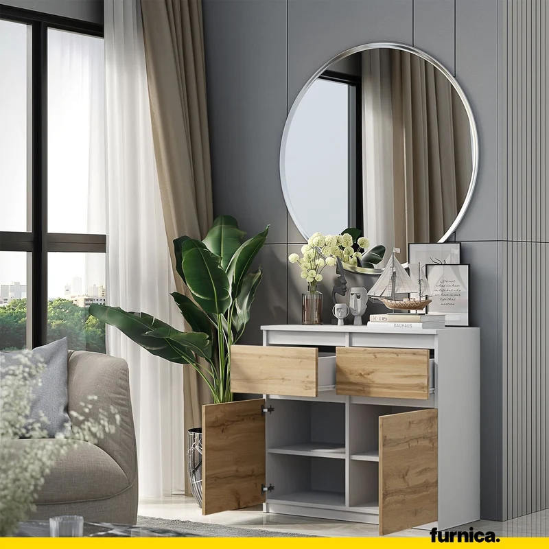 NOAH - Kommode / Sideboard mit 2 Schubladen und 2 Türen - Weiß Matt / Wotan Eiche H75cm B80cm T35cm