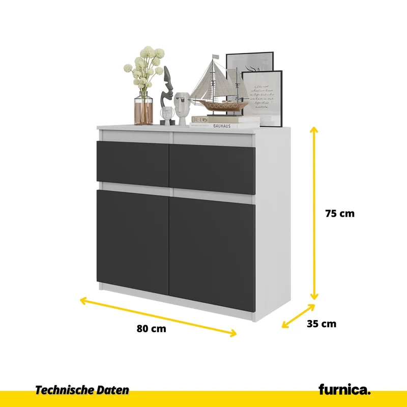 NOAH - Kommode / Sideboard mit 2 Schubladen und 2 Türen - Weiß Matt / Anthrazit Grau H75cm B80cm T35cm