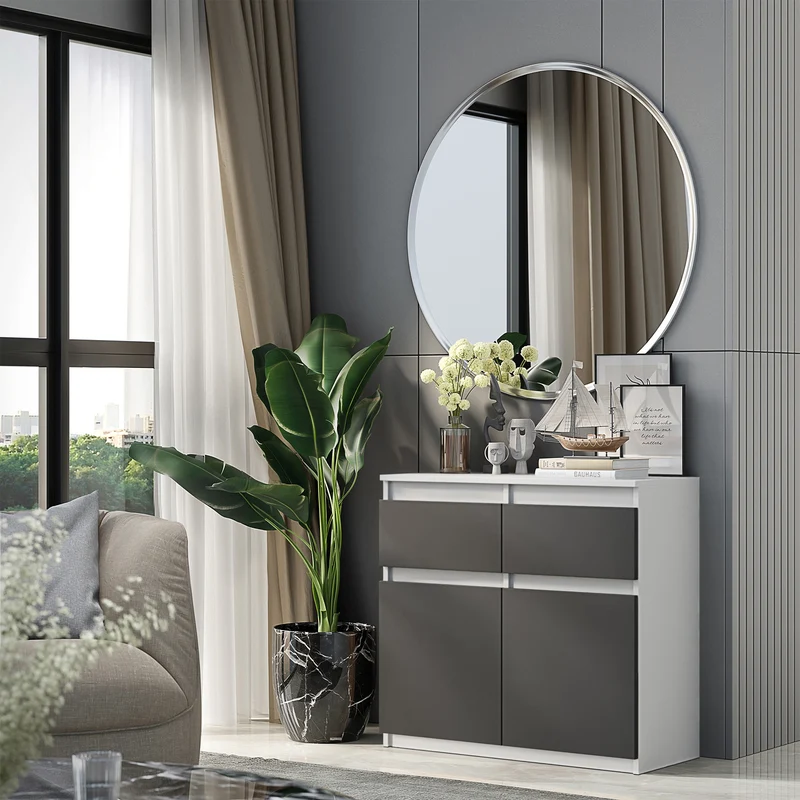 NOAH - Kommode / Sideboard mit 2 Schubladen und 2 Türen - Weiß Matt / Anthrazit Grau H75cm B80cm T35cm