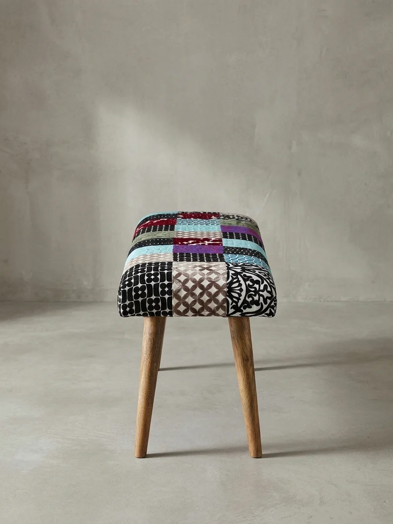 Sitzbank – Patchwork-Stoff, Massivholzbeine