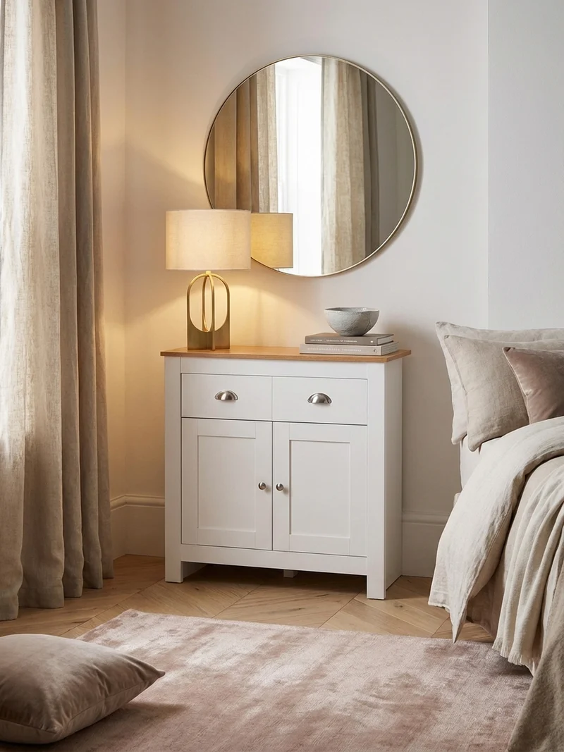 Sideboard – Eiche/Weiß, 2 Schubladen, melaminbeschichtet, modern