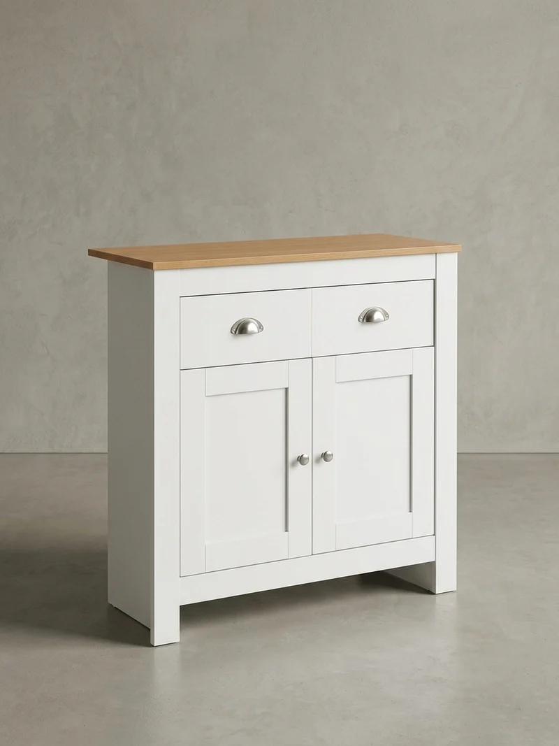 Sideboard – Eiche/Weiß, 2 Schubladen, melaminbeschichtet, modern