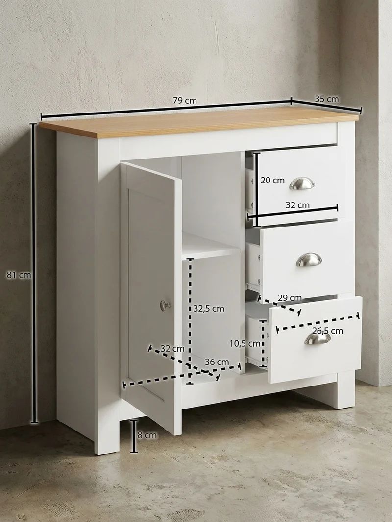 Kommode – Eiche-Finish, 3 Schubladen, 2 Türfächer