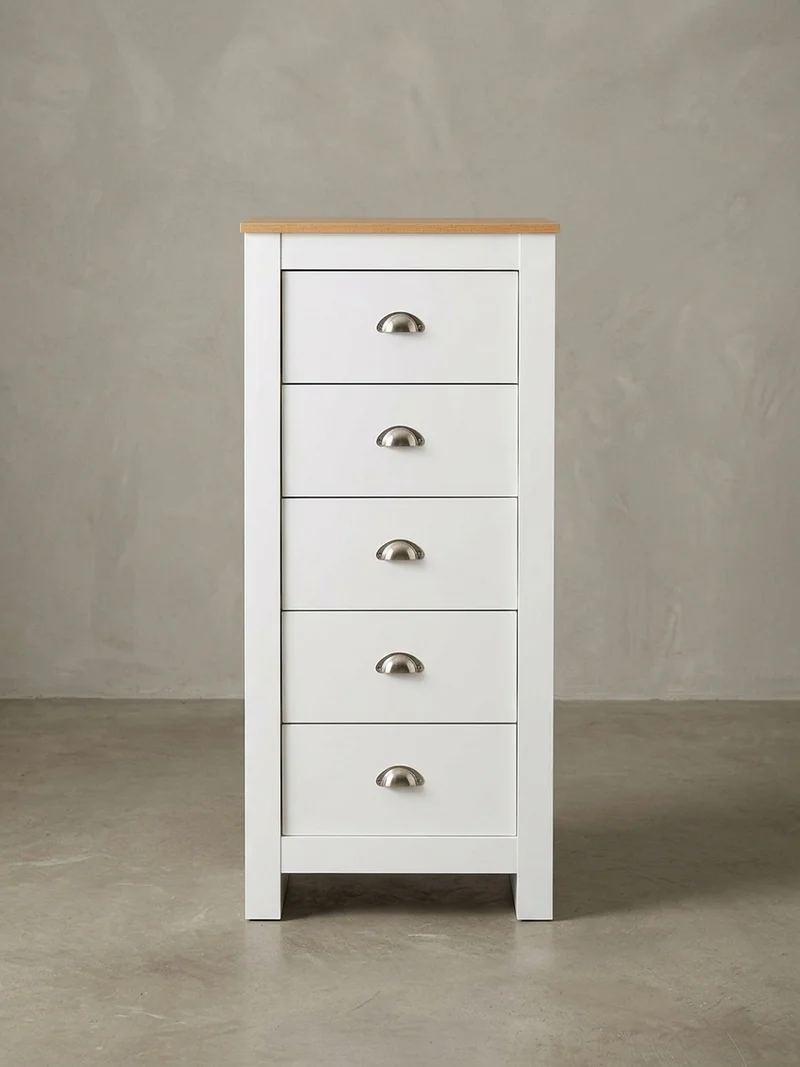 Sideboard – Eiche/Weiß, 5 Schubladen, melaminbeschichtet, platzsparend