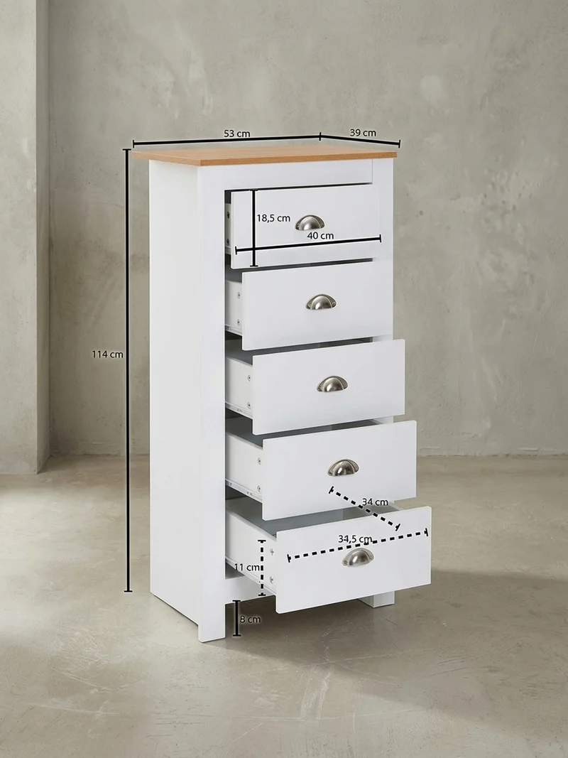 Sideboard – Eiche/Weiß, 5 Schubladen, melaminbeschichtet, platzsparend