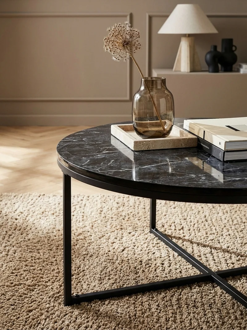 Couchtisch mit Marmor-Optik und Hochglanz-Finish, rund