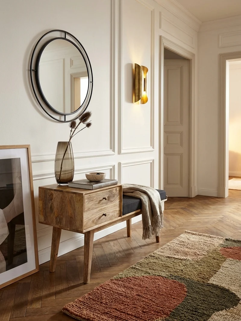 Sitzbank – Mango Holz, Schwarz, Schubladen, Retro-Stil