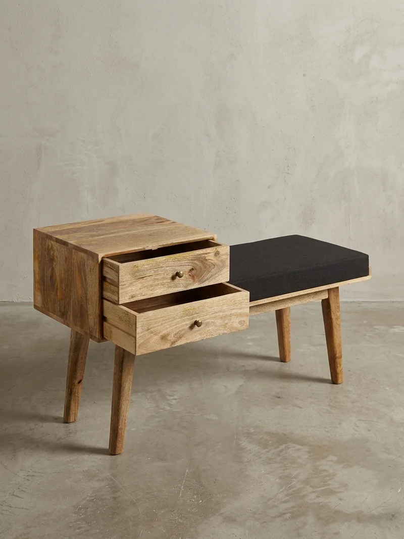 Sitzbank – Mango Holz, Schwarz, Schubladen, Retro-Stil