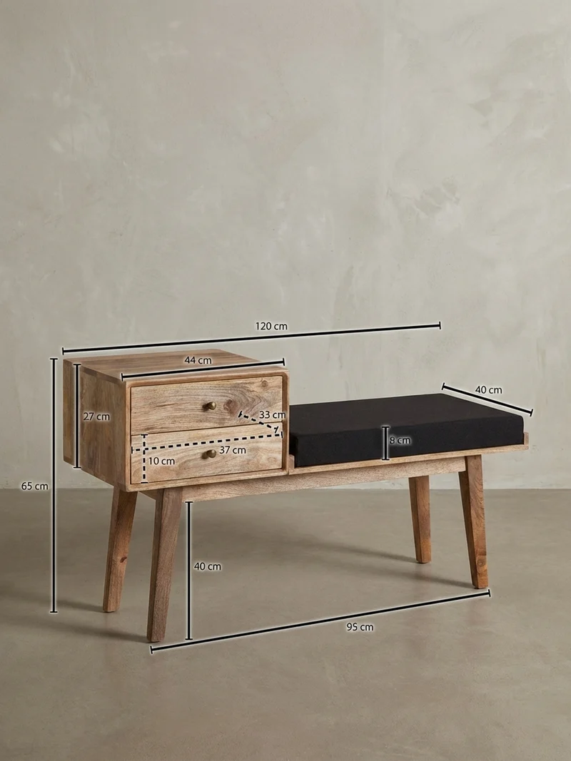Sitzbank – Mango Holz, Schwarz, Schubladen, Retro-Stil