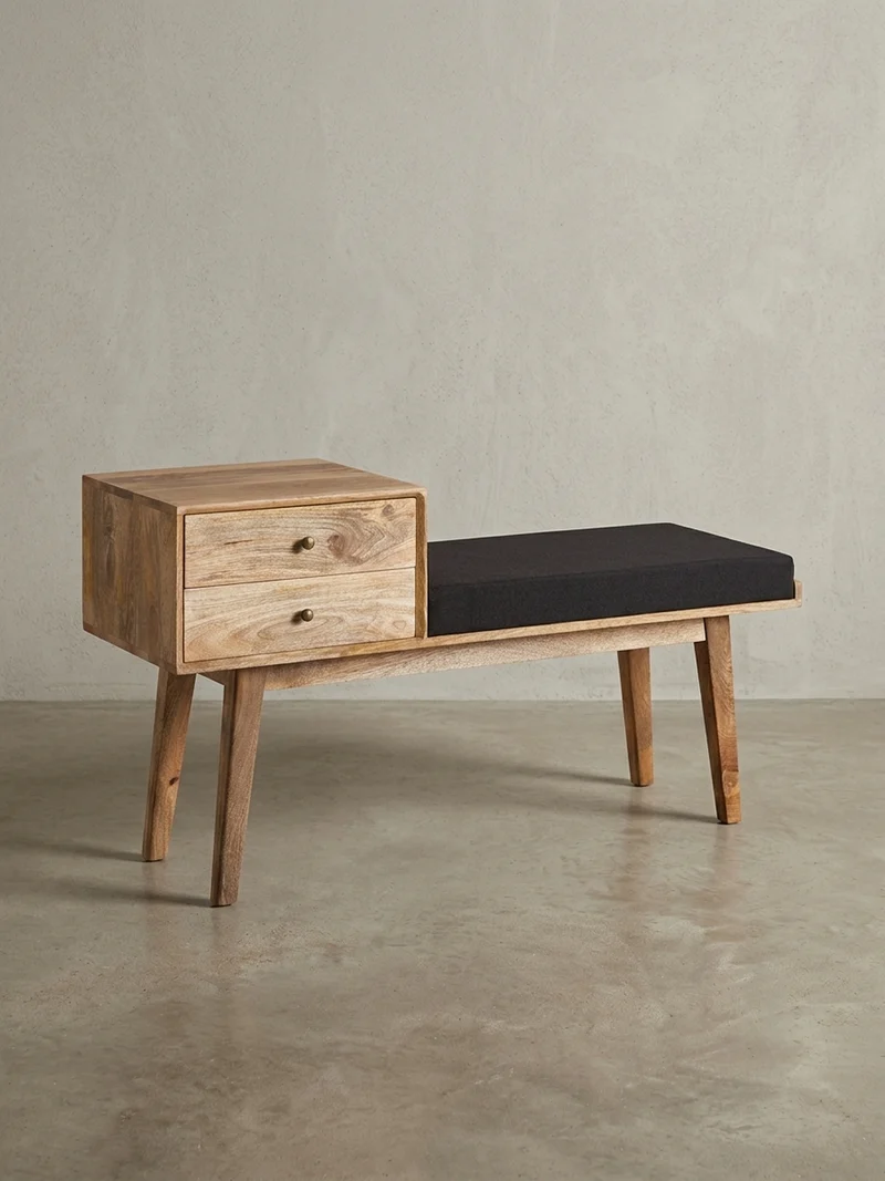 Sitzbank – Mango Holz, Schwarz, Schubladen, Retro-Stil