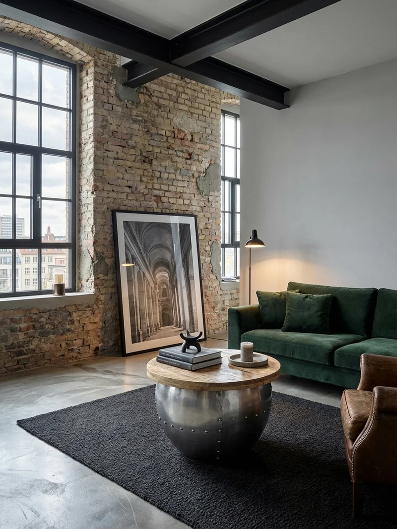 Couchtisch Rund in Braun, Massivholz und Metall, Industrial-Stil mit Stauraum