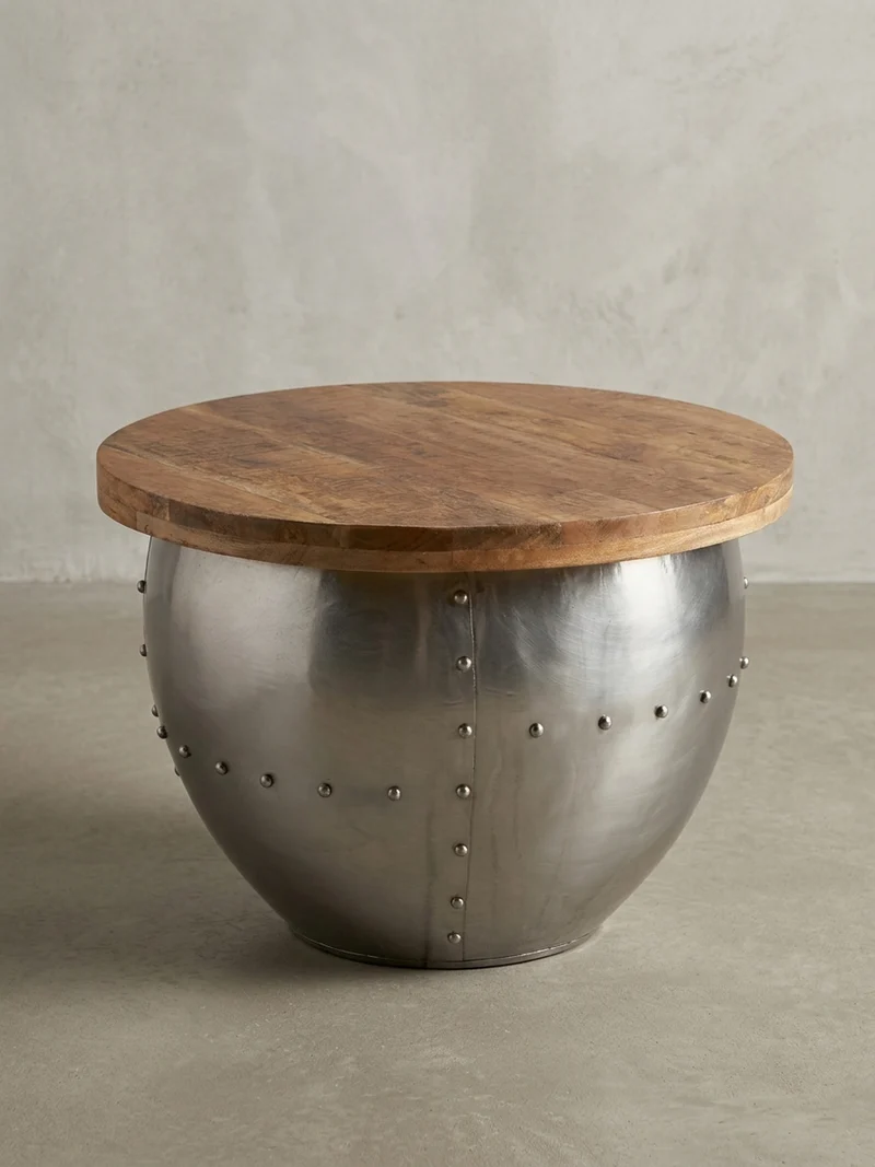 Couchtisch Rund in Braun, Massivholz und Metall, Industrial-Stil mit Stauraum
