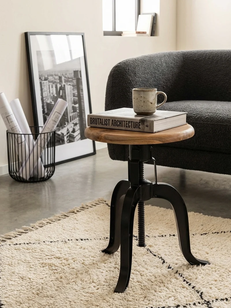 Drehhocker – Akazie Massivholz/Eisen, höhenverstellbar, Industrial-Stil