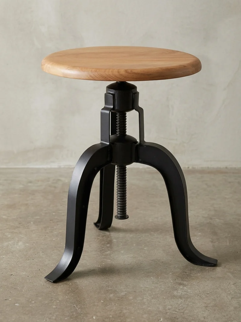 Drehhocker – Akazie Massivholz/Eisen, höhenverstellbar, Industrial-Stil