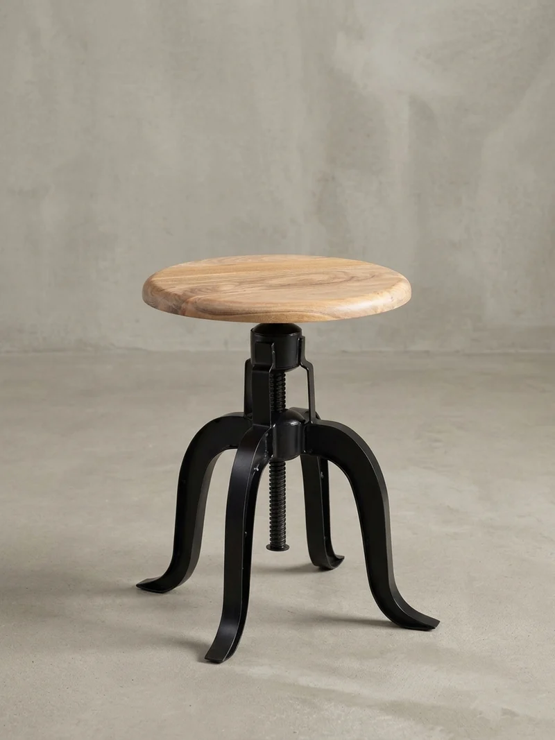 Drehhocker – Akazie Massivholz/Eisen, höhenverstellbar, Industrial-Stil