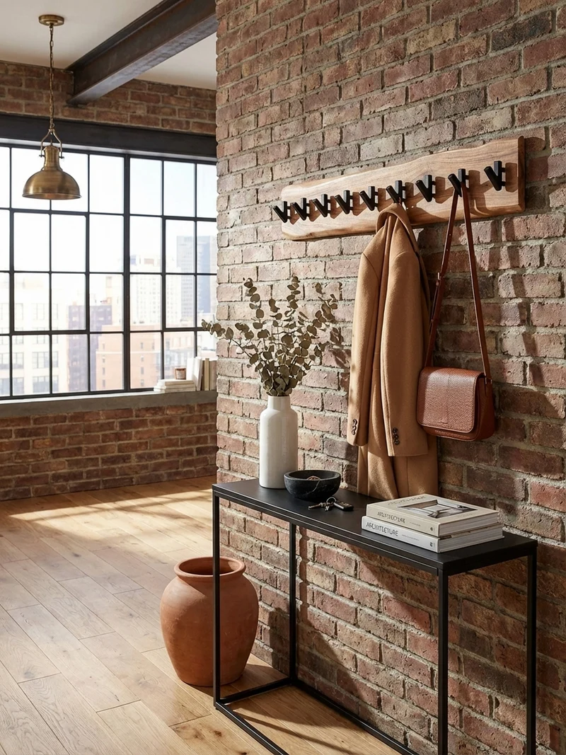 Wandgarderobe Massivholz Metall Modern mit Baumkante und 8 Haken