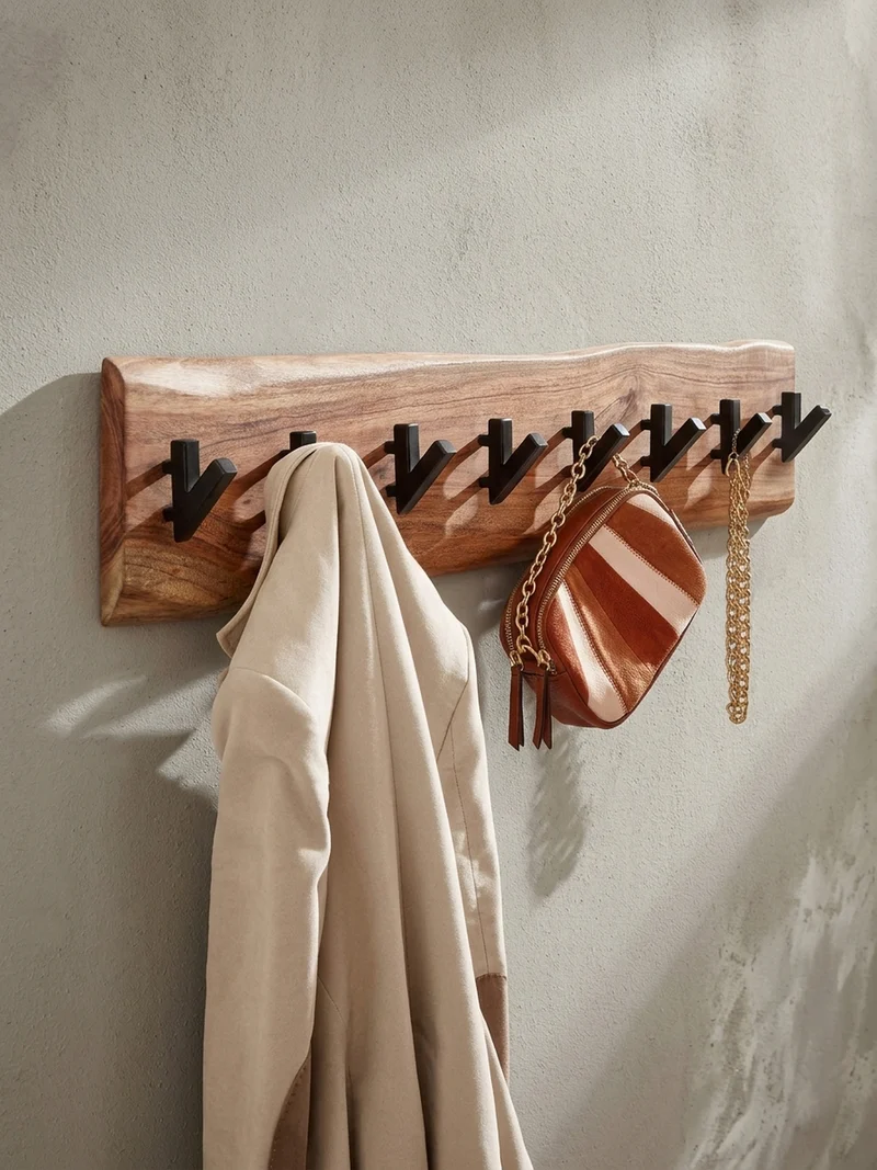 Wandgarderobe Massivholz Metall Modern mit Baumkante und 8 Haken