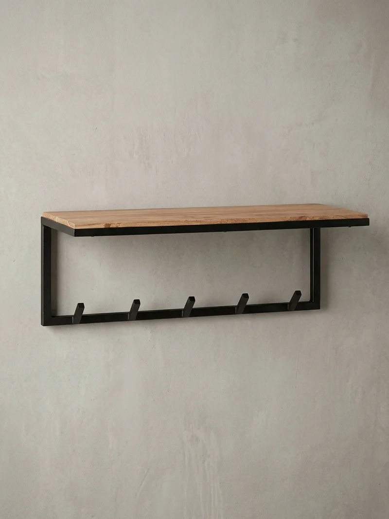 Wandgarderobe Akazie Massivholz Metall Modern 70x27x30 cm mit Hakenleiste und Ablage
