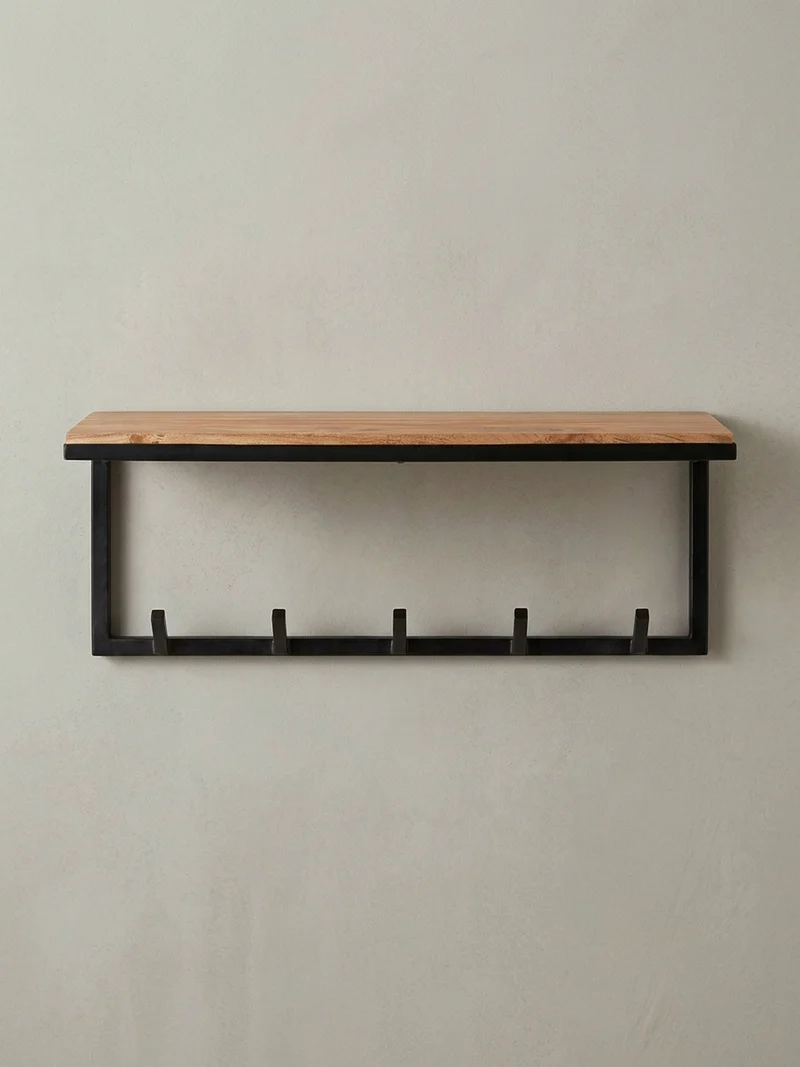 Wandgarderobe Akazie Massivholz Metall Modern 70x27x30 cm mit Hakenleiste und Ablage