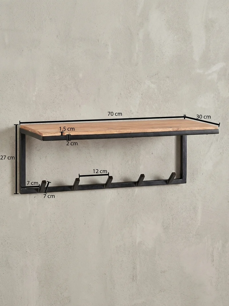Wandgarderobe Akazie Massivholz Metall Modern 70x27x30 cm mit Hakenleiste und Ablage