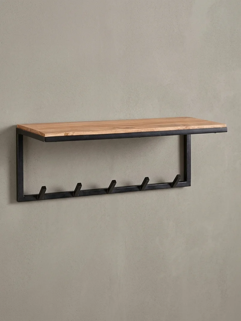 Wandgarderobe Akazie Massivholz Metall Modern 70x27x30 cm mit Hakenleiste und Ablage