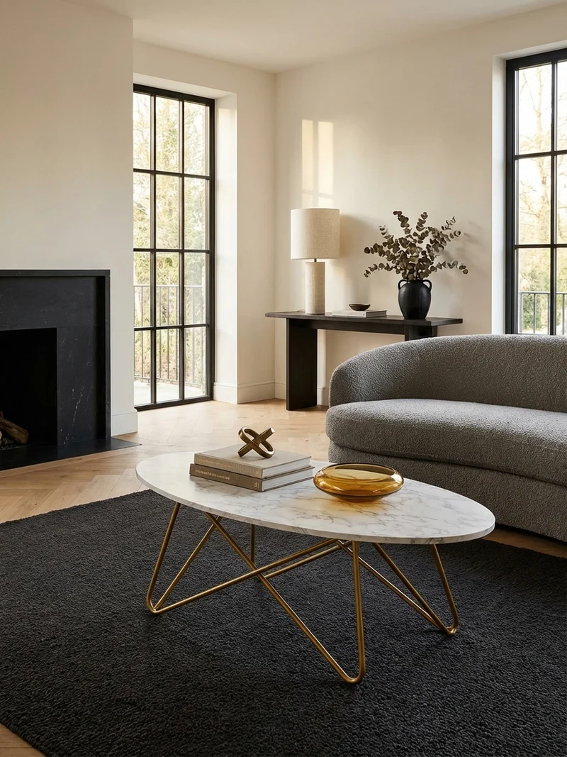 Couchtisch Oval in Marmor-Optik mit goldfarbenem Gestell, Maße 120x40x60 cm
