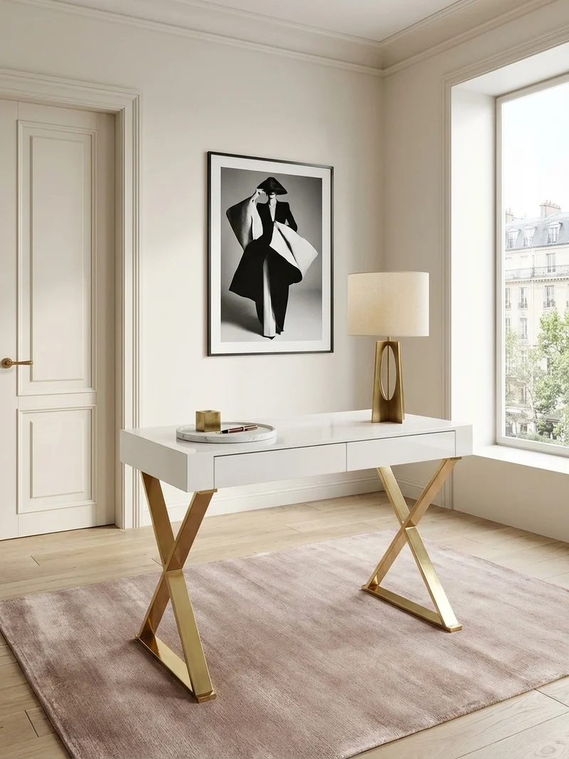 Schreibtisch – Weiß Hochglanz, goldene Beine, 2 Schubladen, modern