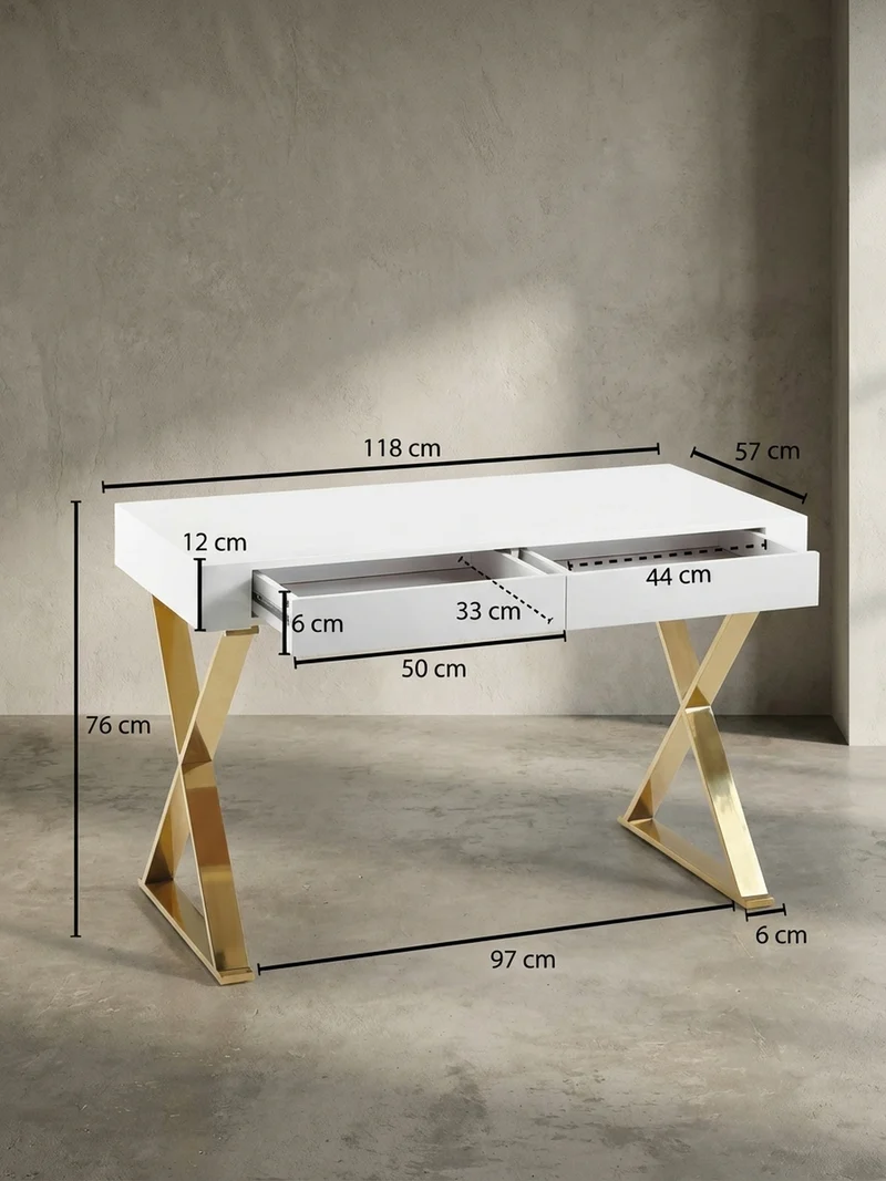 Schreibtisch – Weiß Hochglanz, goldene Beine, 2 Schubladen, modern