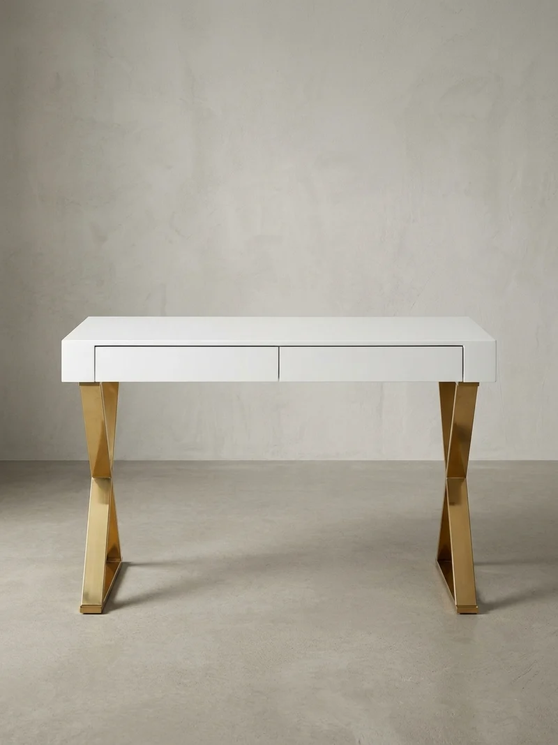 Schreibtisch – Weiß Hochglanz, goldene Beine, 2 Schubladen, modern