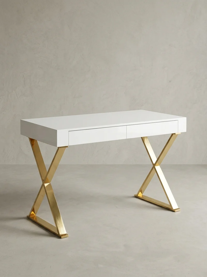 Schreibtisch – Weiß Hochglanz, goldene Beine, 2 Schubladen, modern