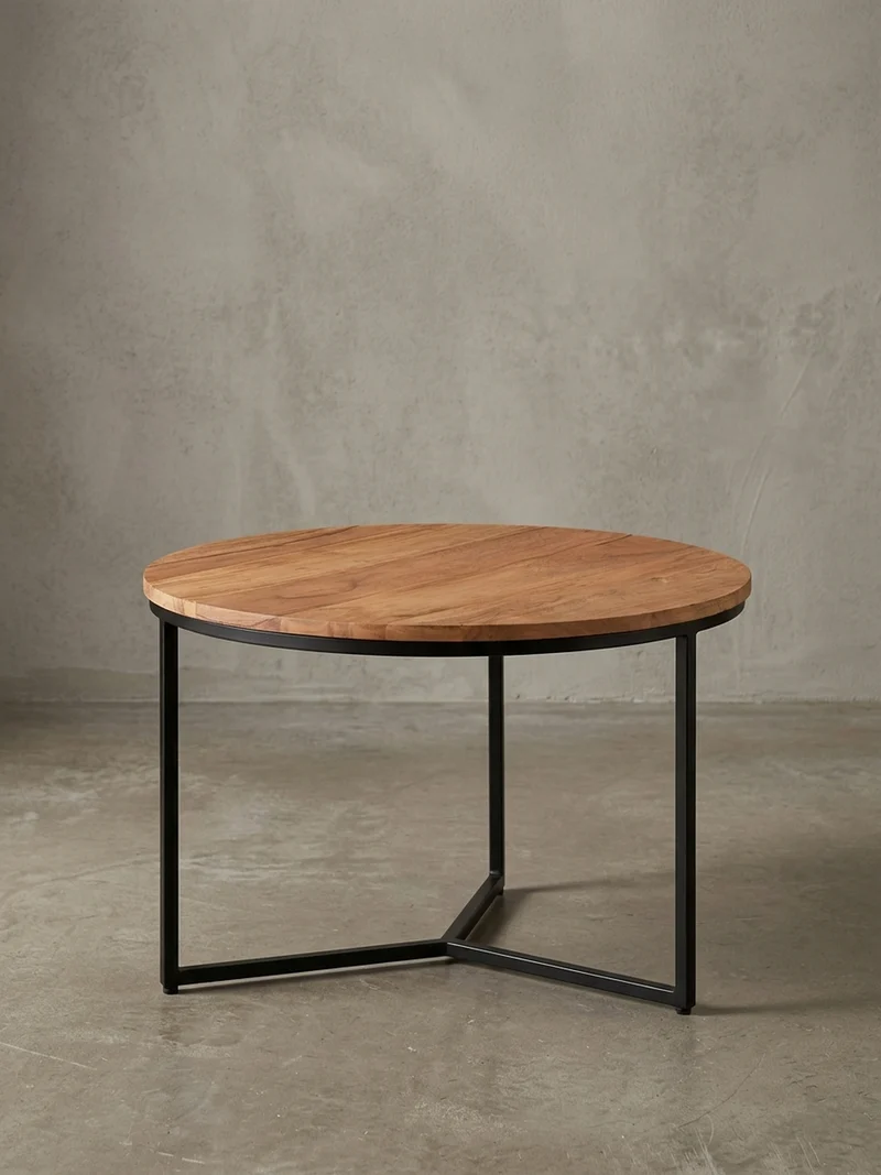 Couchtisch aus Akazienholz mit robustem Eisengestell und integriertem Stauraum, elegantes Design