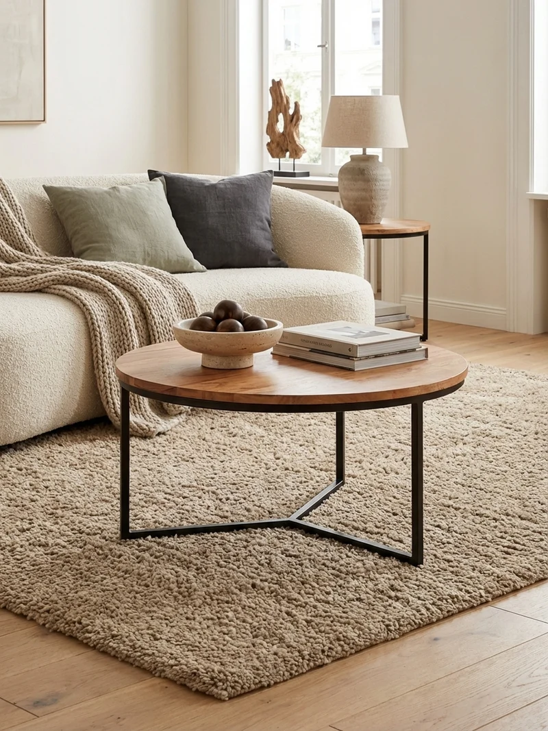 Couchtisch aus Akazienholz mit robustem Eisengestell und integriertem Stauraum, elegantes Design
