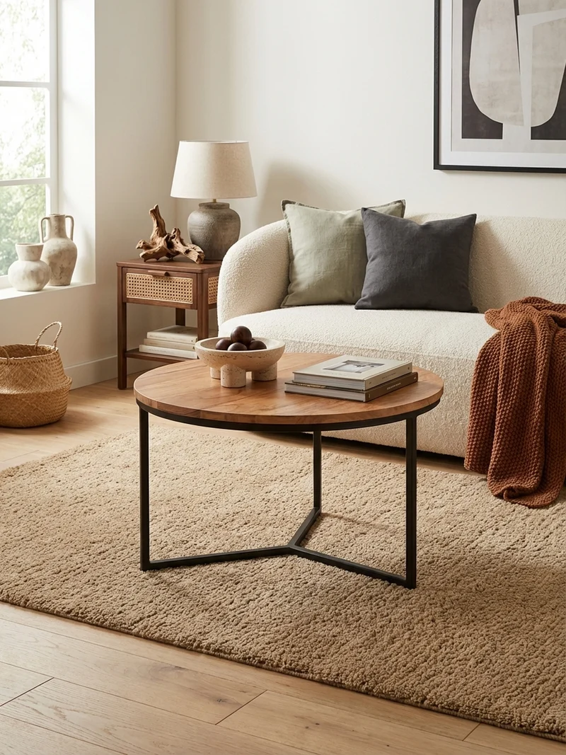 Couchtisch aus Akazienholz mit robustem Eisengestell und integriertem Stauraum, elegantes Design