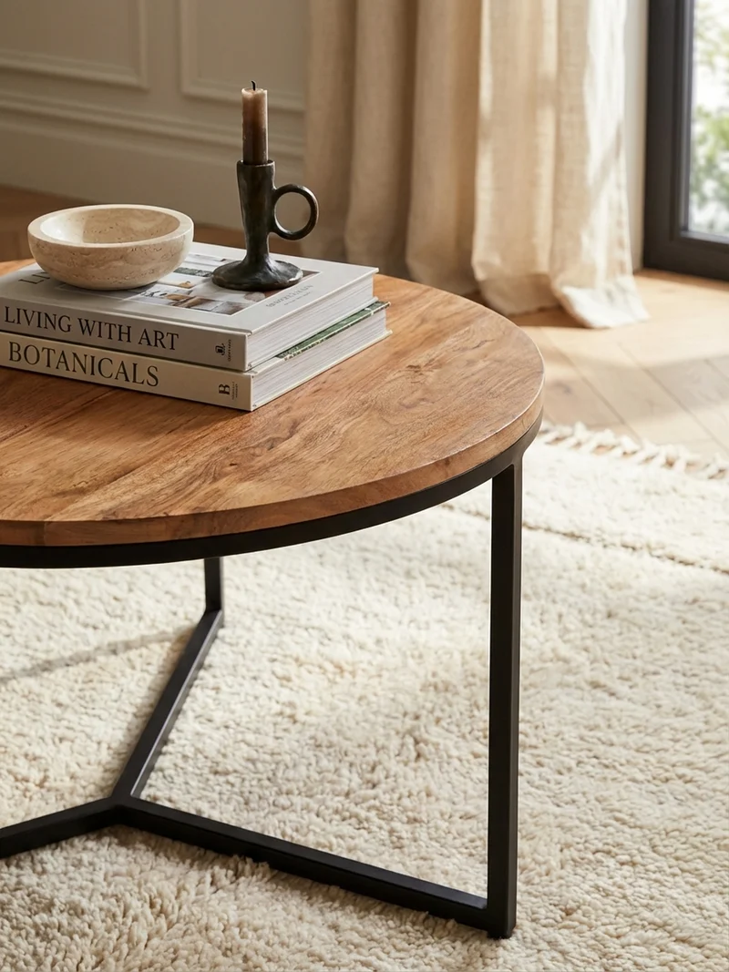 Couchtisch aus Akazienholz mit robustem Eisengestell und integriertem Stauraum, elegantes Design