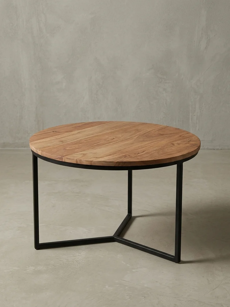 Couchtisch aus Akazienholz mit robustem Eisengestell und integriertem Stauraum, elegantes Design