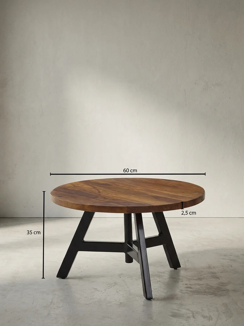 Couchtisch aus Sheesham Massivholz mit Metallgestell, Maße 60x60x35 cm