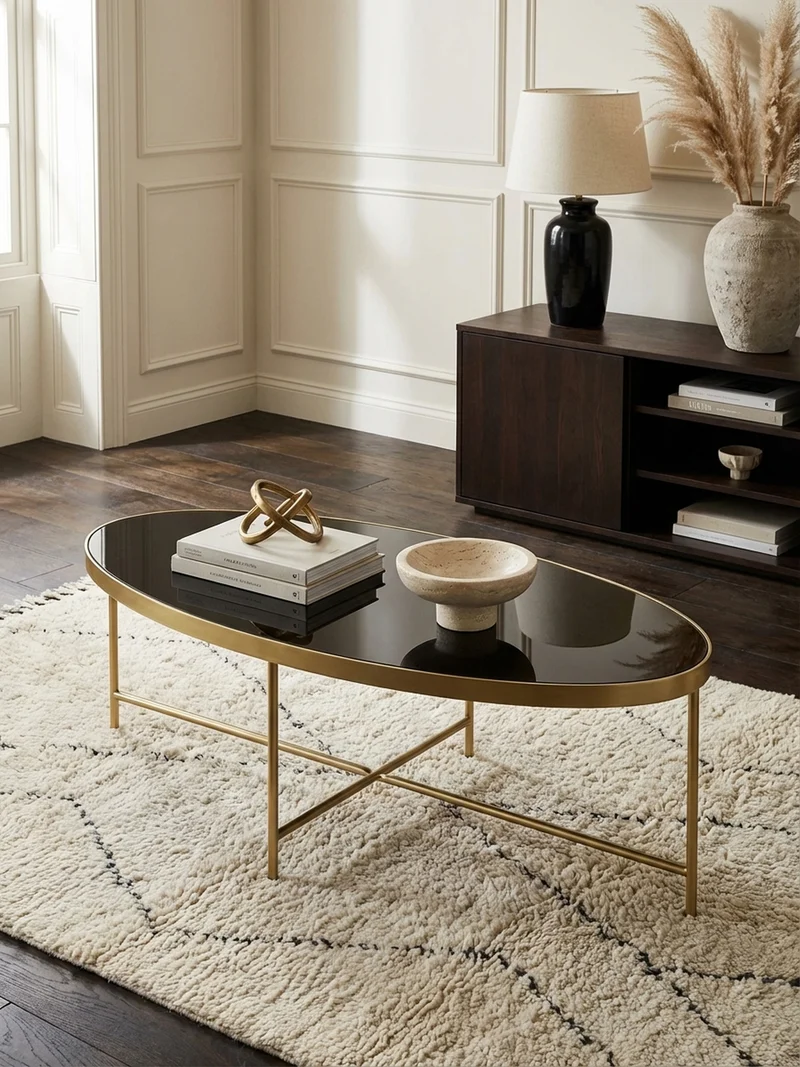 Couchtisch Oval in Schwarz/Gold, Glasplatte mit filigranem Metallgestell, Maße 110x56 cm