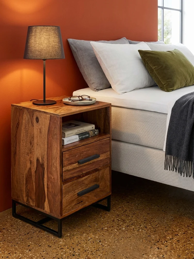Nachttisch – Massivholz/Metall, Industrial-Stil, für Boxspringbett