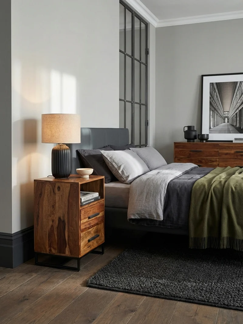 Nachttisch – Massivholz/Metall, Industrial-Stil, für Boxspringbett