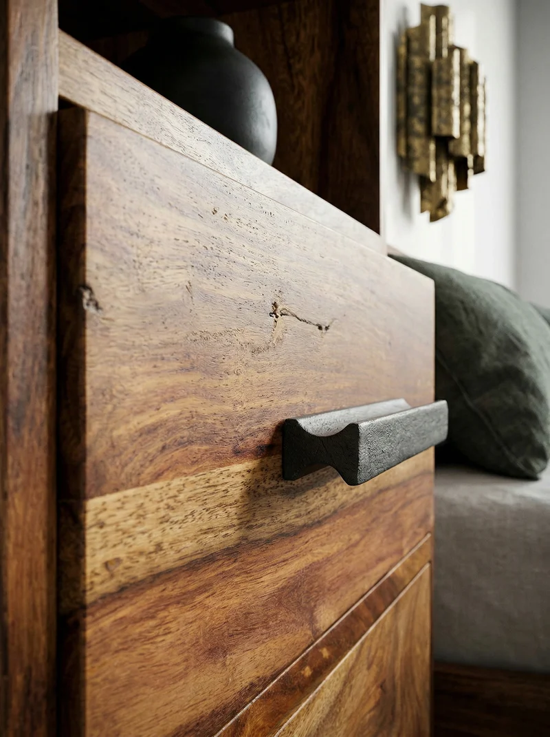 Nachttisch – Massivholz/Metall, Industrial-Stil, für Boxspringbett